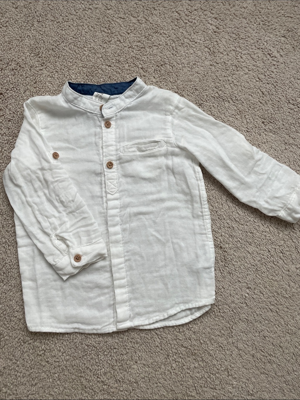 H&M White Band-Collar Button-Down Shirt with Navy Trim